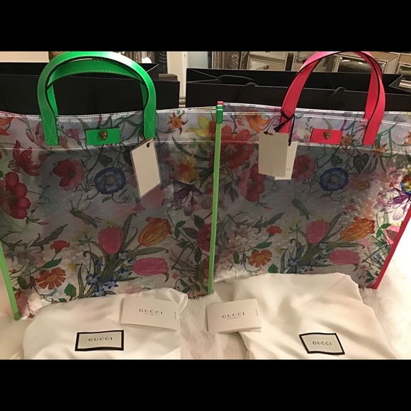 NWT Rare Color Large Gucci tote bag Flora vinyl Fluorescent green - Picture 5 of 5